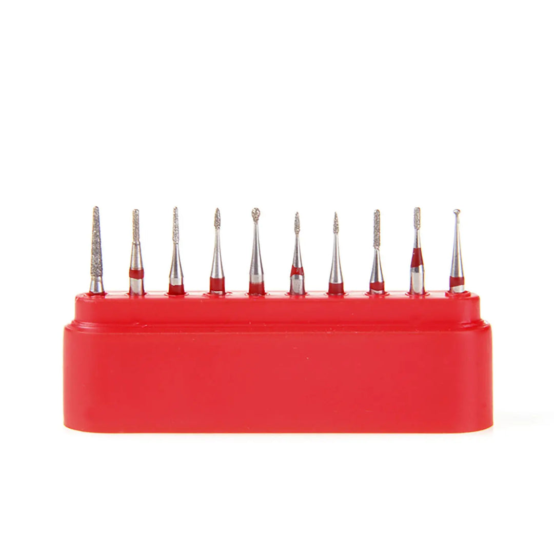 Dental Diamond Bur FG-106 Kiddies Kit 10pcs/Kit displayed in a red plastic holder. Set of 10 micro-sized diamond burs with various shaped tips for pediatric dentistry, arranged neatly in a row. Precision dental instruments for minimally invasive procedures in children's mouths.