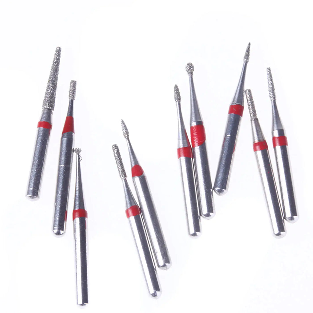 Dental Diamond Bur FG-106 Kiddies Kit 10pcs/Kit: Set of specialized micro-sized dental burs with diamond-coated heads and red bands, designed for pediatric dentistry and minimal invasive procedures. Various shapes and sizes for different dental applications.