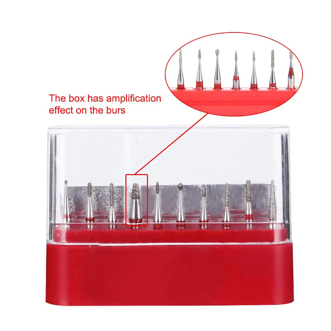 Dental Diamond Bur FG-106 Kiddies Kit 10pcs/Kit displayed in a red case with transparent top. Zoomed-in view shows various bur shapes for pediatric dentistry. Kit includes multiple specialized micro-sized heads for minimal invasive restorative procedures in children's mouths.