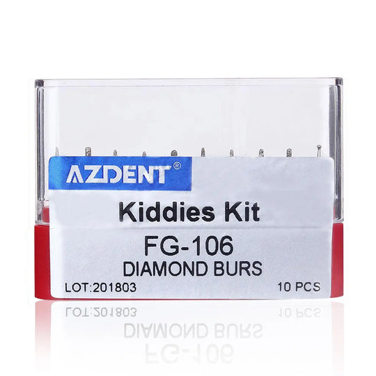 Dental Diamond Bur FG-106 Kiddies Kit 10pcs/Kit in clear plastic case with blue and red labeled packaging, showing product name, brand Azdent, and lot number for pediatric dental procedures