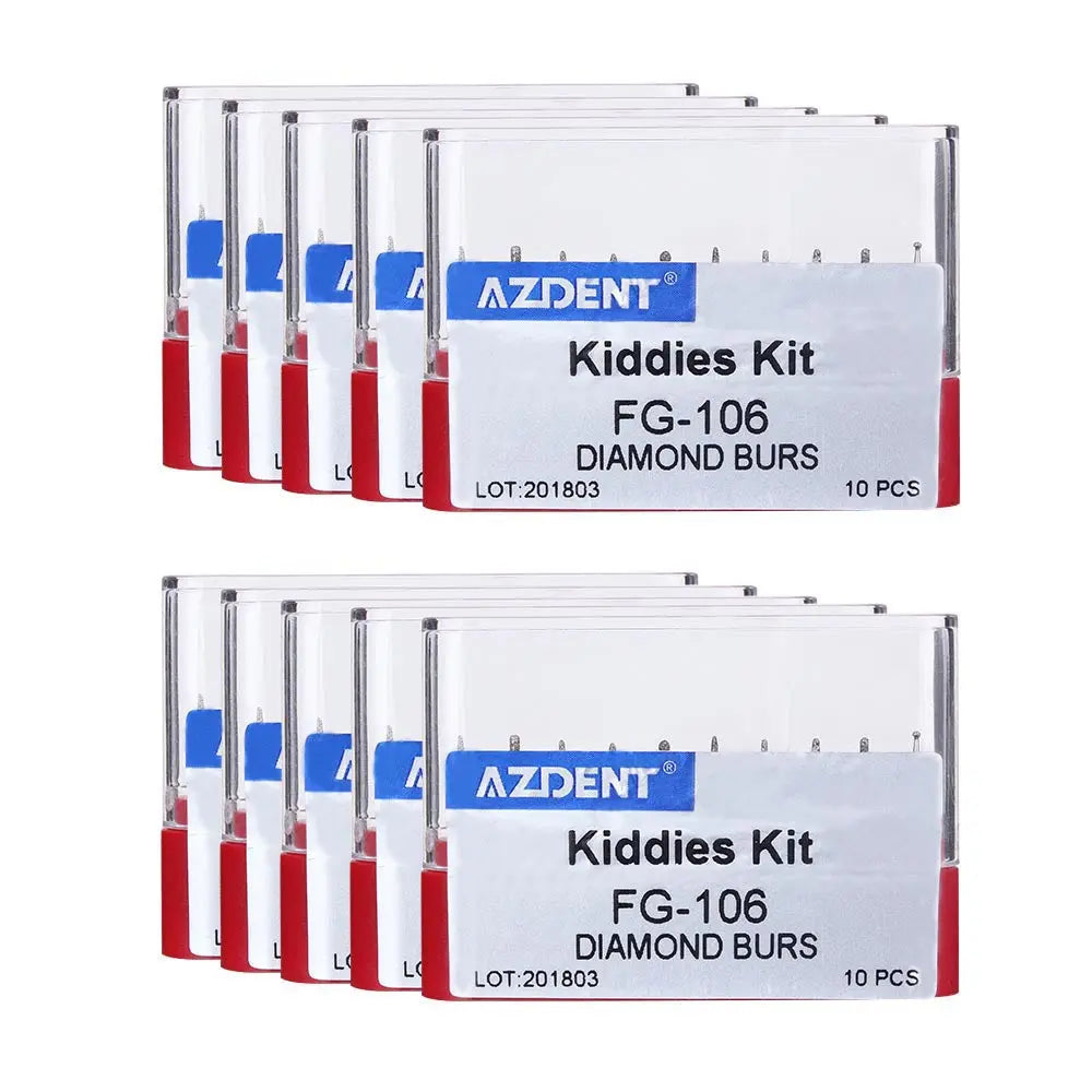 Dental Diamond Bur FG-106 Kiddies Kit 10pcs/Kit: Multiple white boxes of AZDENT Kiddies Kit FG-106 Diamond Burs, each containing 10 pieces. Boxes feature blue and red labeling with product details clearly visible.