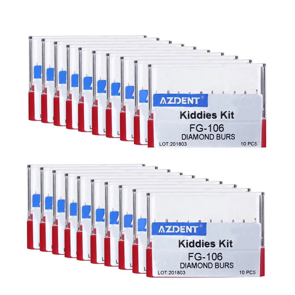 Dental Diamond Bur FG-106 Kiddies Kit 10pcs/Kit: Multiple boxes of Azdent Kiddies Kit FG-106 Diamond Burs, each containing 10 pieces. White boxes with red and blue accents, stacked in two rows, displaying product information and branding.