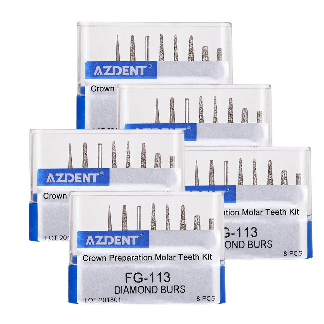 Dental Diamond Bur FG-113 Crown Preparation Molar Teeth Kit 8pcs/Kit: Set of AZDENT brand diamond burs for crown preparation in clear plastic cases, displaying various shapes and sizes of dental instruments for molar teeth trimming and finishing