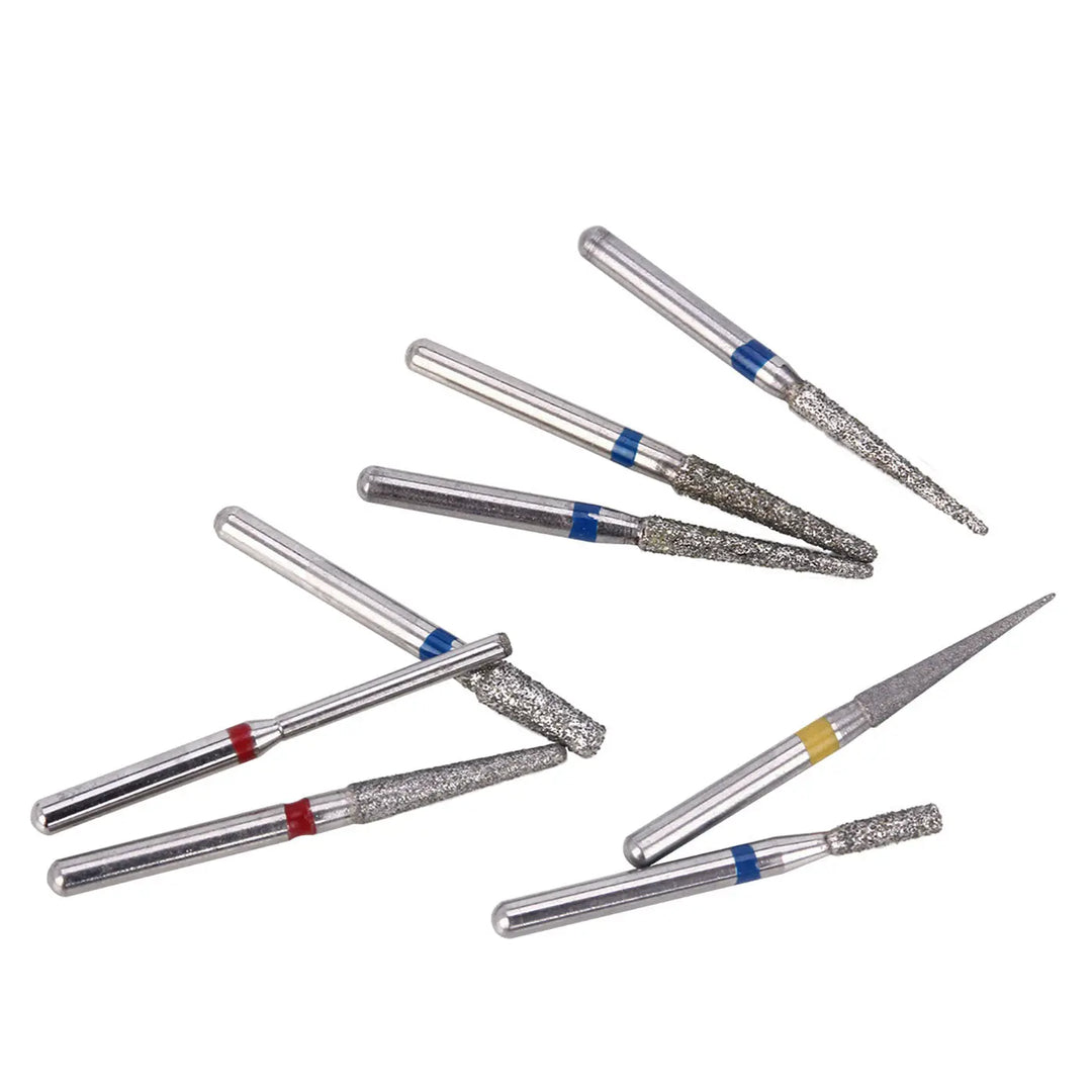 Dental Diamond Bur FG-113 Crown Preparation Molar Teeth Kit 8pcs/Kit: Various dental burs with diamond-coated tips and color-coded bands, arranged in a fan-like pattern on a white background, showcasing different shapes and sizes for dental procedures.