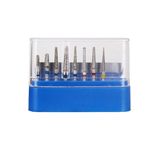 Dental Diamond Bur FG-113 Crown Preparation Molar Teeth Kit 8pcs/Kit displayed in a clear plastic case with blue base, showing various shaped diamond-tipped burs for dental procedures, neatly arranged in a row