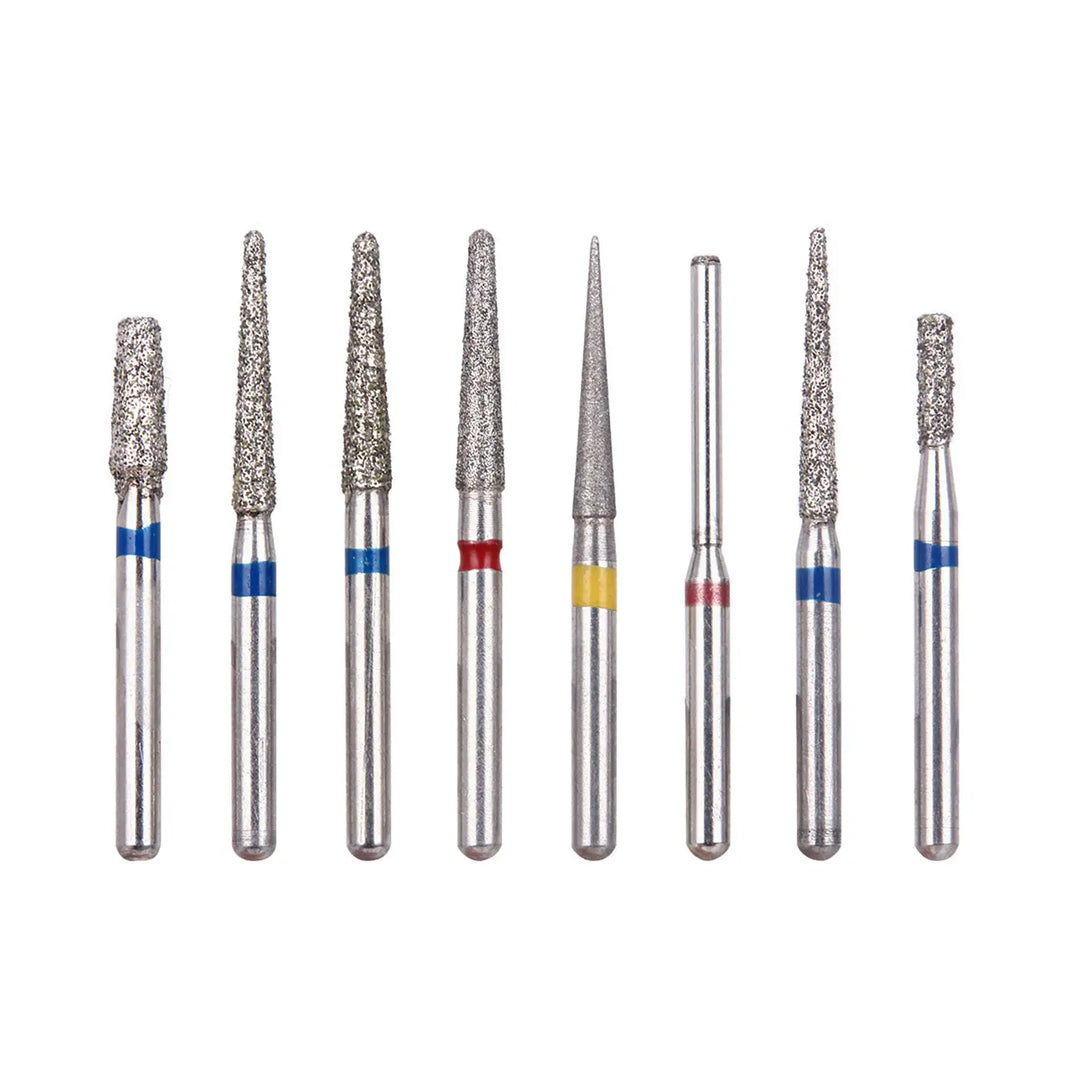 Set of 8 dental diamond burs for Dental Diamond Bur FG-113 Crown Preparation Molar Teeth Kit, featuring various shapes and sizes with diamond-coated tips and color-coded bands on stainless steel shanks, arranged in a row on white background