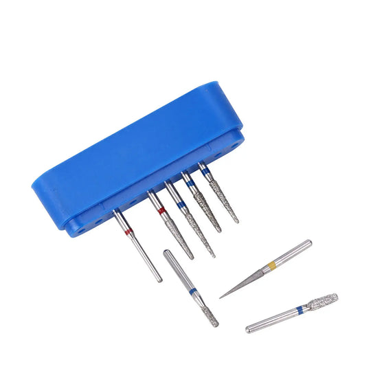 Dental Diamond Bur FG-113 Crown Preparation Molar Teeth Kit featuring 8 precision burs in a blue holder. Various shaped diamond-tipped dental instruments displayed for professional tooth preparation and finishing.