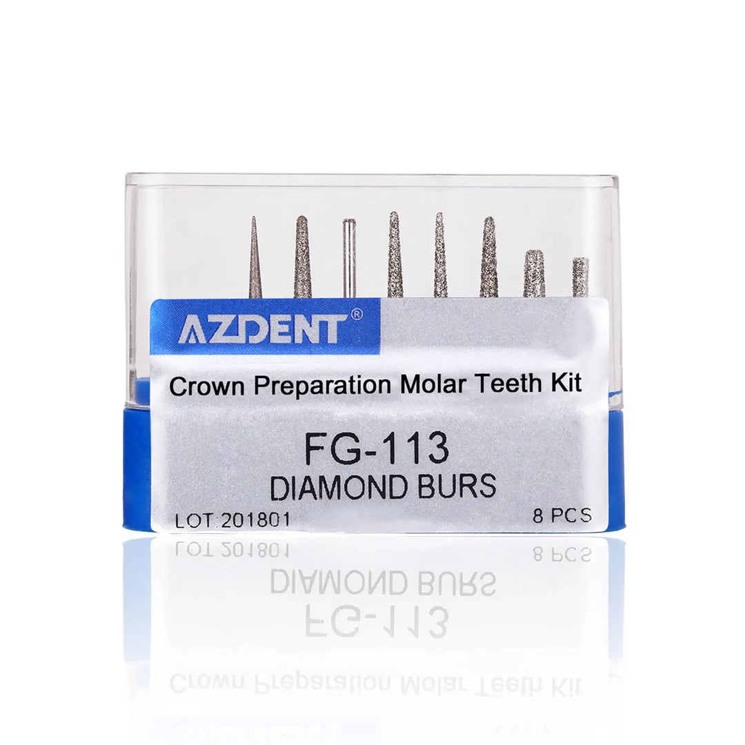 Dental Diamond Bur FG-113 Crown Preparation Molar Teeth Kit 8pcs/Kit: Clear plastic case containing 8 diamond-tipped dental burs for crown preparation, labeled AZDENT FG-113 Diamond Burs, arranged in size order from largest to smallest