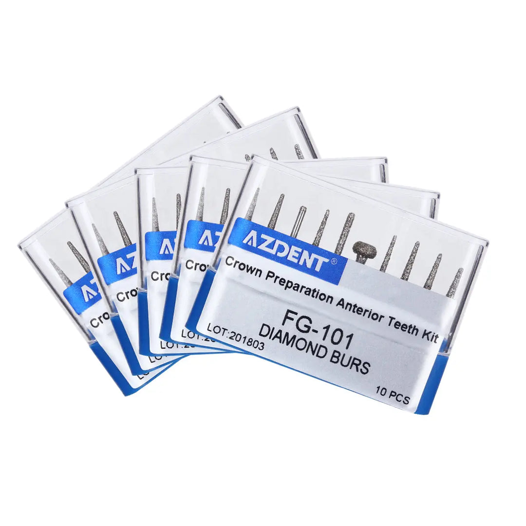 Dental Diamond Burs FG-101 for Crown Preparation Anterior Teeth Kit displayed in multiple sealed packages. Each package contains 10 pieces of diamond burs for dental procedures, with blue and white labeling showing product details and specifications.