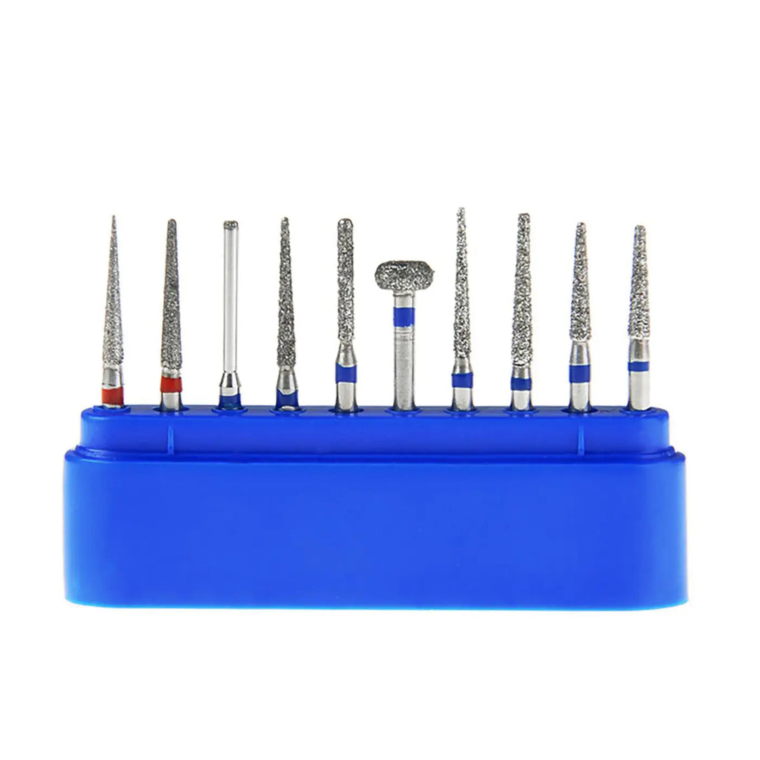 Dental Diamond Burs FG-101 For Crown Preparation Anterior Teeth Kit 10pcs/Kit displayed in a blue plastic holder, showing various shapes and sizes of diamond-coated dental burs with color-coded bands for easy identification and use in dental procedures.