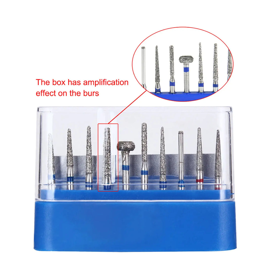 Dental Diamond Burs FG-101 For Crown Preparation Anterior Teeth Kit displayed in a blue plastic holder with transparent cover. Set includes 10 different shaped diamond-tipped burs for various dental procedures, with an enlarged view showing bur details.