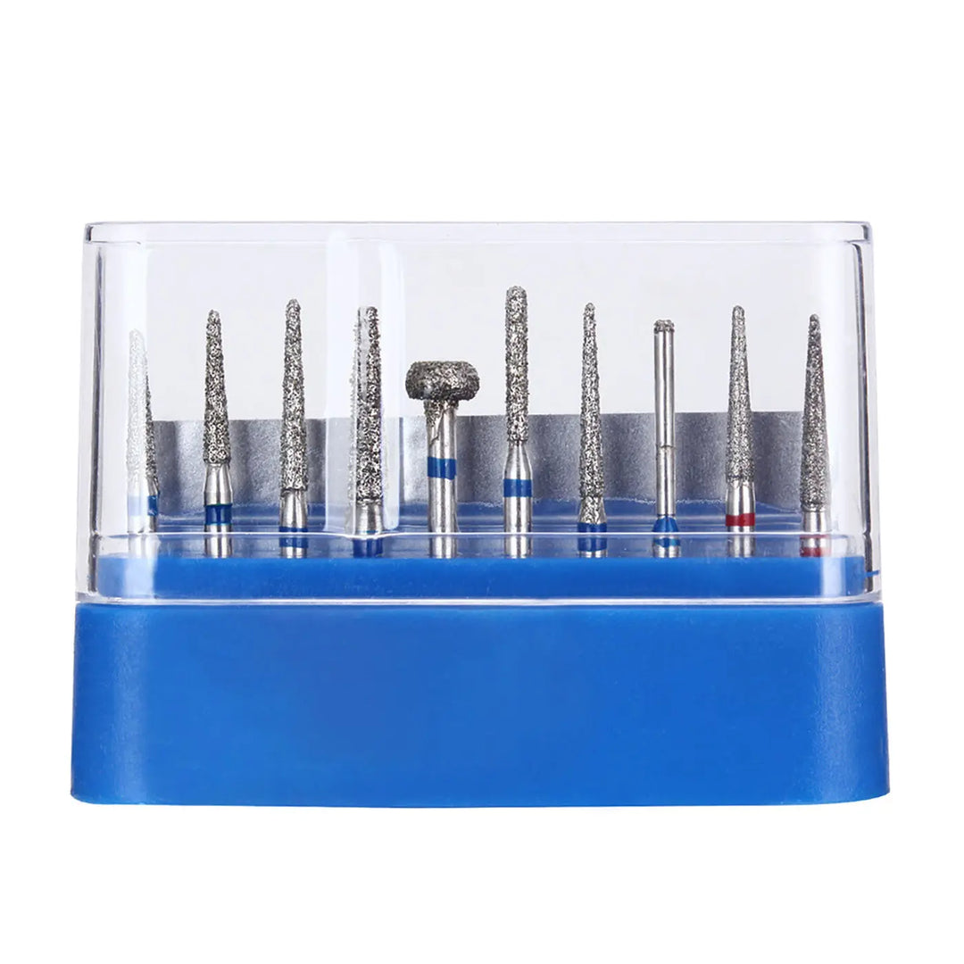 Dental Diamond Burs FG-101 For Crown Preparation Anterior Teeth Kit 10pcs/Kit displayed in a clear plastic case with blue base, showing various diamond-tipped dental bur shapes and sizes for professional tooth preparation and crown fitting procedures