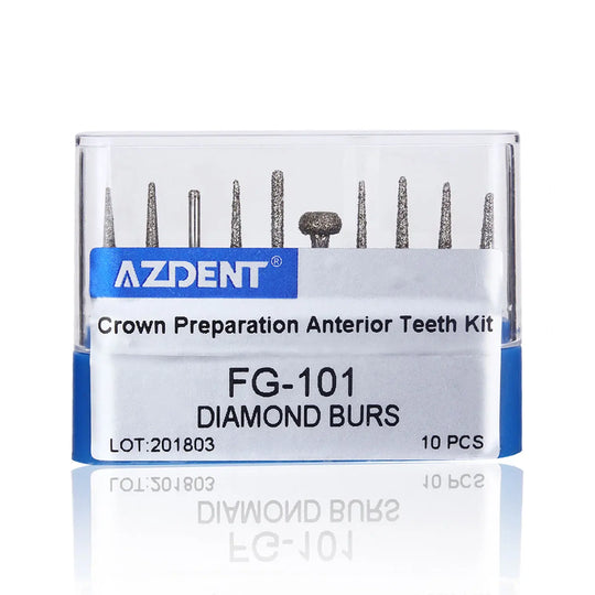 Dental Diamond Burs FG-101 Crown Preparation Anterior Teeth Kit, 10 pieces set in clear plastic case with blue label. Various shaped diamond-tipped dental burs visible, designed for precise dental work on anterior teeth.