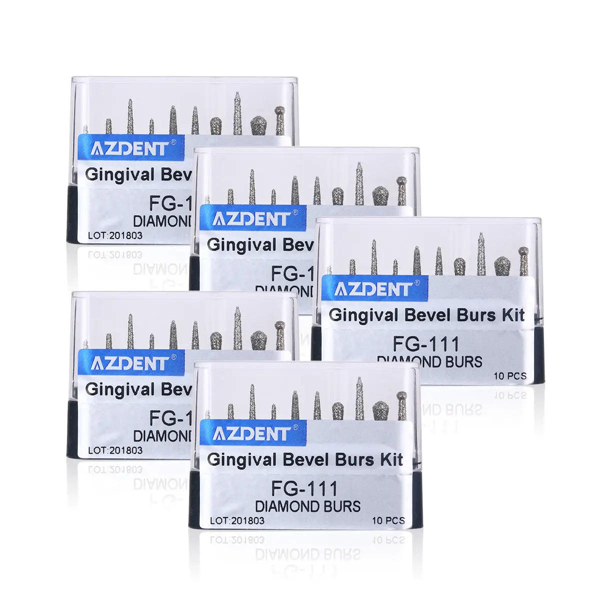 Dental Diamond Bur FG-111 Gingival Bevel Burs Kit 10pcs/Kit: Five transparent plastic cases displaying assorted dental diamond burs. Each case labeled 'AZDENT Gingival Bevel Burs Kit FG-111 DIAMOND BURS' with visible set of various shaped dental tools inside.