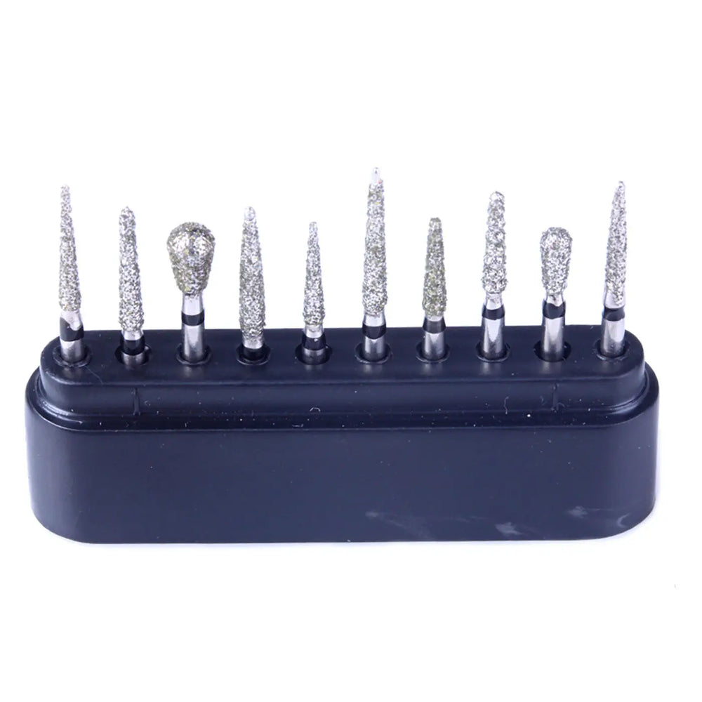 Dental Diamond Bur FG-111 Gingival Bevel Burs Kit 10pcs/Kit displayed in a black plastic holder. Various shaped diamond-tipped dental burs with different sizes and configurations for gingival beveling and dental procedures.