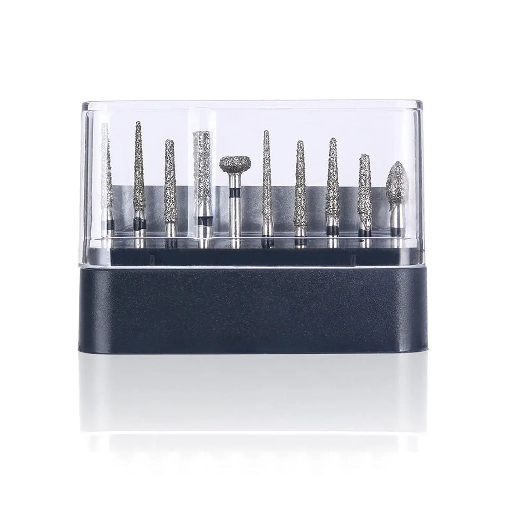 Dental Diamond Bur FG-109 Porcelain Preparation / Repair Kit 10pcs/Kit displayed in clear plastic case. Set includes various shaped diamond-coated burs for dental procedures, arranged neatly on black base. Professional dental tool set for porcelain work.