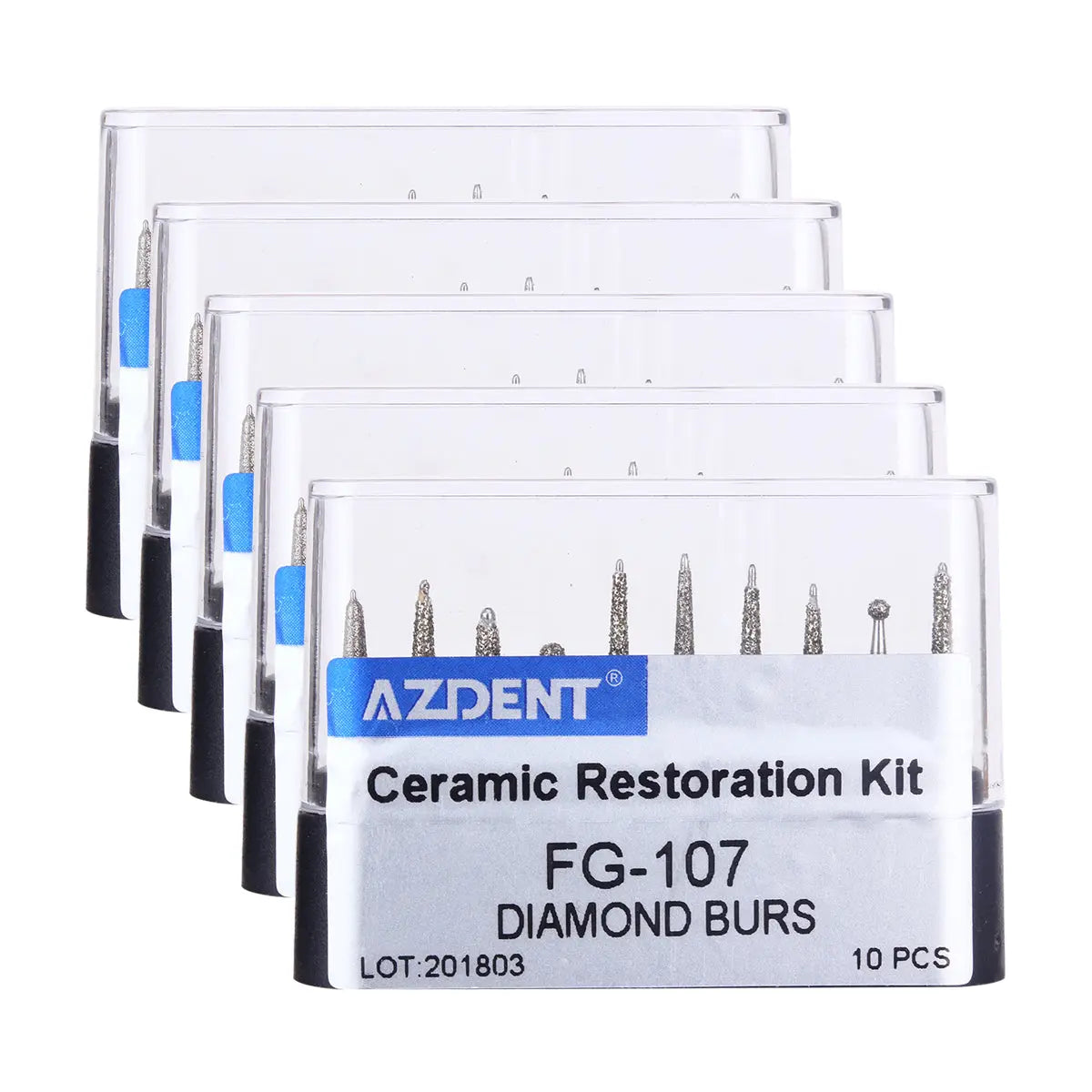 Dental Diamond Bur FG-107 Ceramic Restoration Kit 10pcs/Kit: Five stacked transparent plastic cases containing dental diamond burs. Each case displays "AZDENT Ceramic Restoration Kit FG-107 DIAMOND BURS" label and shows a set of 10 various-sized dental burs arranged neatly inside.