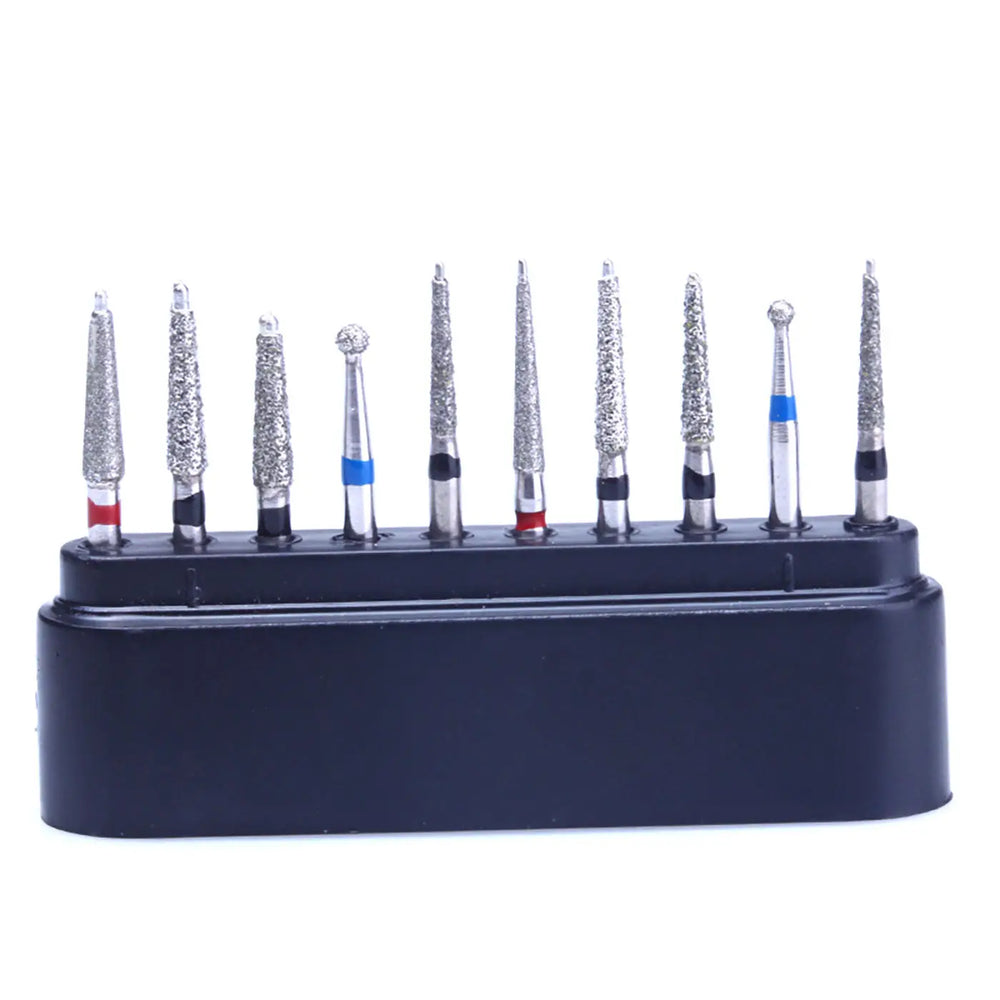 Dental Diamond Bur FG-107 Ceramic Restoration Kit 10pcs/Kit displayed in a black holder. Set includes various shapes and sizes of diamond-tipped dental burs with colored bands for identification, arranged in a row for professional dental procedures.