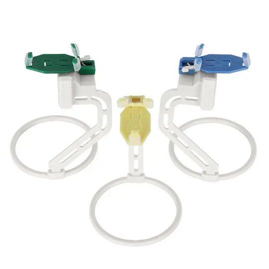 Dental X-ray Sensor Positioner Holder 3pcs/Kit featuring green, blue, and yellow positioning devices with adjustable clamps and circular holders for precise dental imaging of different teeth regions, ensuring accurate x-ray placement and patient comfort.