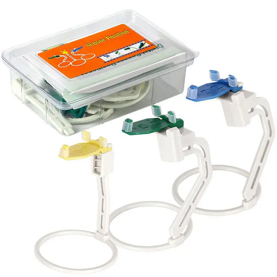 Dental X-ray Sensor Positioner Holder 3pcs/Kit with color-coded holders for different tooth positions, packaged in a clear plastic container for easy storage and organization