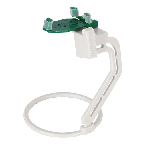 Dental X-ray Sensor Positioner Holder 3pcs/Kit: Green and white plastic device with curved arm and adjustable clamp for precise positioning of dental x-ray sensors, enhancing image quality and patient comfort during dental procedures.