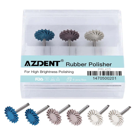 Dental Polishing Kit Composite Ceramic Zircon Rubber Wheel 6pcs/Kit featuring AZDENT Rubber Polisher for High Brightness Polishing. Set includes three wheel colors in a transparent case, with additional polishing wheels displayed below. Professional dental tool for composite and ceramic polishing.