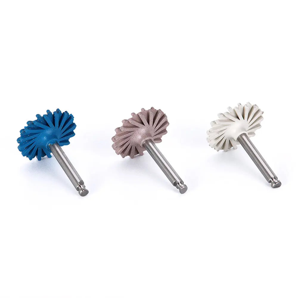 Dental Polishing Kit Composite Ceramic Zircon Rubber Wheel 6pcs/Kit featuring three diamond-impregnated polishing discs in blue, pink, and white for smoothing, pre-polishing, and high-gloss finishing of dental composites, ceramics, and zircon materials