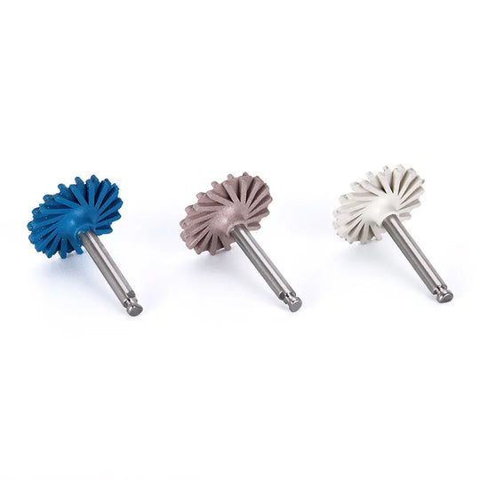 Dental Polishing Kit Composite Ceramic Zircon Rubber Wheel 6pcs/Kit featuring three diamond-impregnated polishing discs in blue, pink, and white for smoothing, pre-polishing, and high-gloss finishing of dental composites, ceramics, and zircon materials