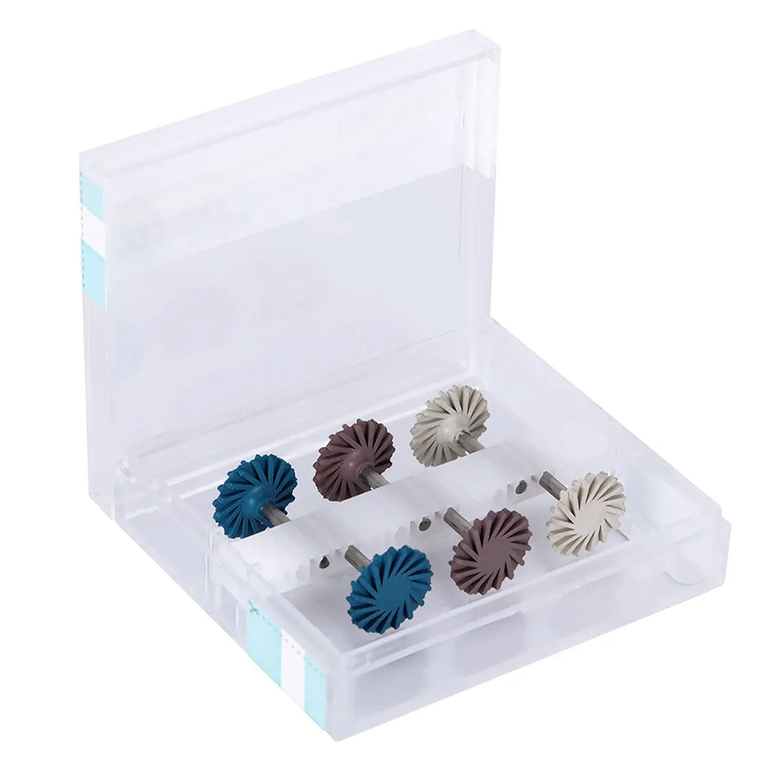 Dental Polishing Kit Composite Ceramic Zircon Rubber Wheel 6pcs/Kit in clear plastic storage box, displaying blue, brown, and white diamond-impregnated polishing discs for smoothing, pre-polishing, and high-gloss polishing of dental materials