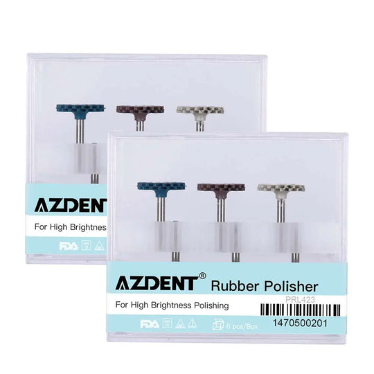 Dental Polishing Kit Composite Ceramic Zircon Rubber Wheel 6pcs/Kit featuring AZDENT rubber polishers for high brightness polishing. Set of three wheel-shaped polishing tools in different colors, stored in transparent plastic cases for dental procedures.