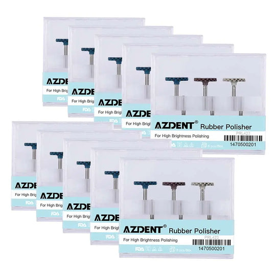 Dental Polishing Kit Composite Ceramic Zircon Rubber Wheel 6pcs/Kit: Multiple packages of AZDENT Rubber Polisher tools displayed, each containing three polishing wheels for high brightness polishing of dental materials. Transparent packaging with blue labels showing product details.