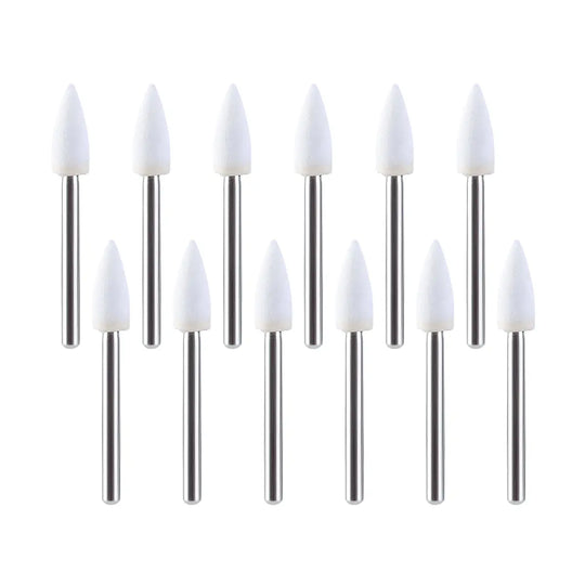 Dental Polishing FG Burs Flame Shape White Stone 12pcs/Kit arranged in rows, showing white flame-shaped polishing heads on silver metal shafts against a white background, highlighting the professional dental tool set for precise polishing and finishing procedures