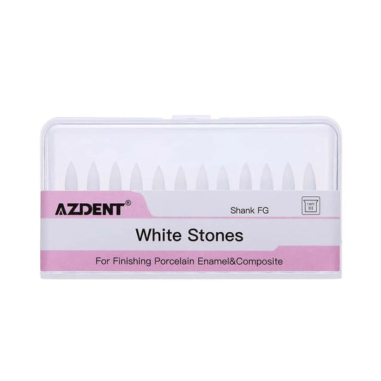 Dental Polishing FG Burs Flame Shape White Stone 12pcs/Kit in transparent plastic case. AZDENT brand White Stones for finishing porcelain enamel and composite. Flame-shaped burs visible through clear lid with pink label.