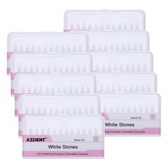 Dental Polishing FG Burs Flame Shape White Stone 12pcs/Kit displayed in multiple transparent plastic containers with pink labels, showcasing the organized storage of dental tools for polishing and finishing procedures