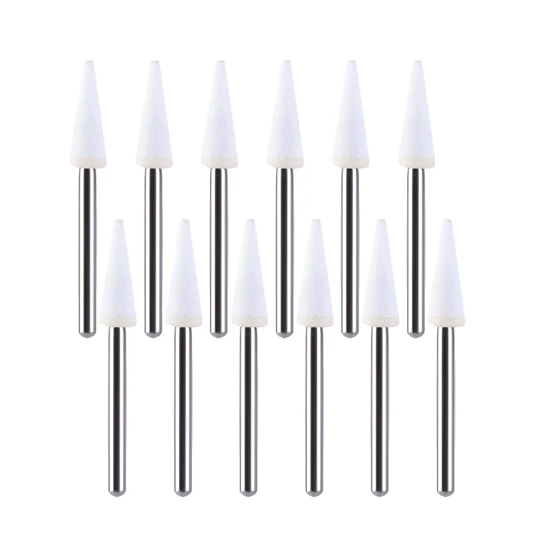 Dental Polishing FG Burs Cone Shape White Stone 12pcs/Kit arranged in two rows, showing six white cone-shaped burs with metal shafts in each row. The burs are designed for dental polishing and made of high-quality aluminum oxide material.