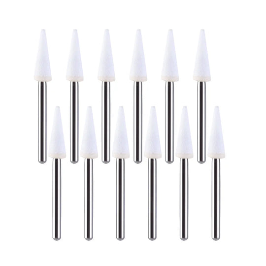 Dental Polishing FG Burs Cone Shape White Stone 12pcs/Kit arranged in two rows, showing six white cone-shaped burs with metal shafts in each row. The burs are designed for dental polishing and made of high-quality aluminum oxide material.