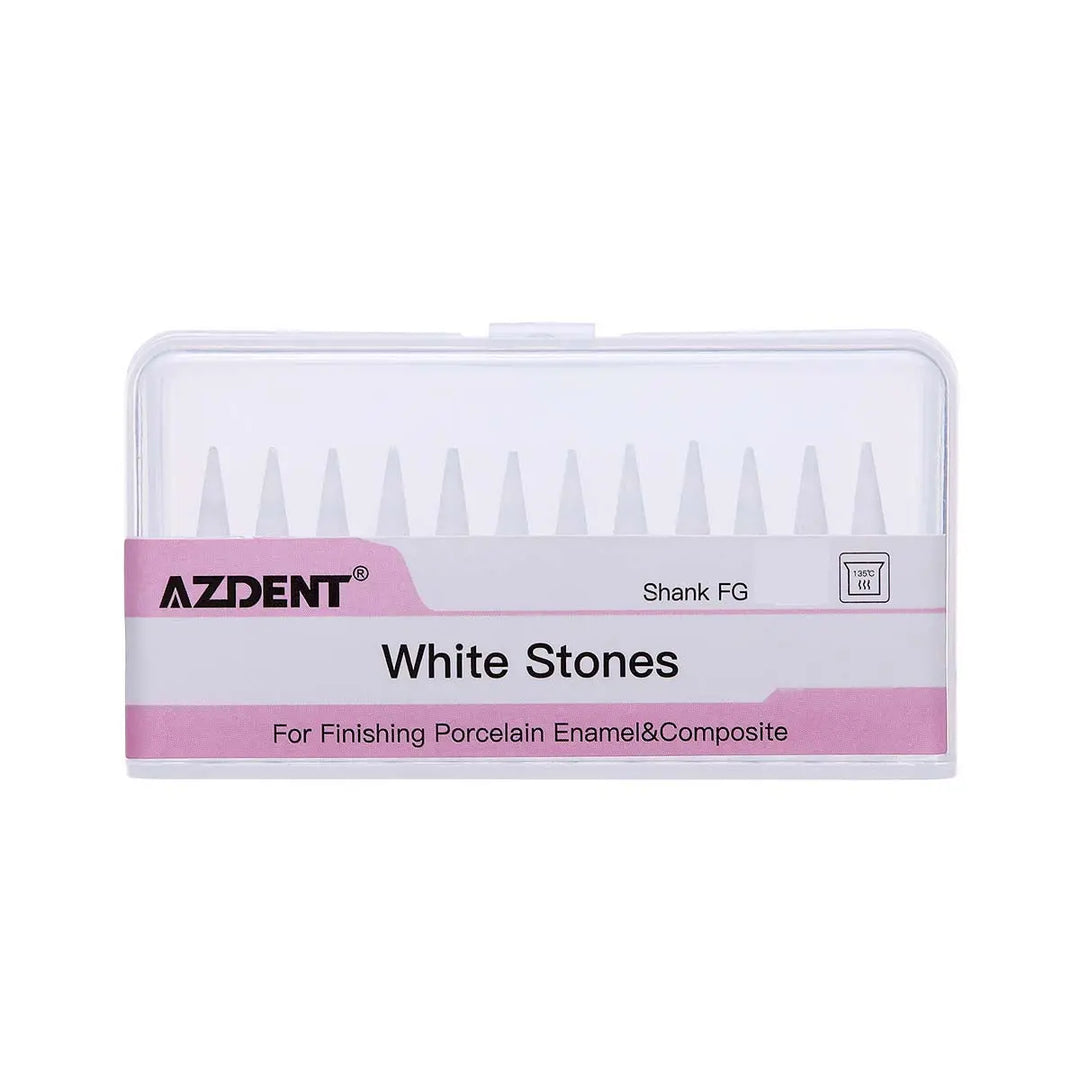 Dental Polishing FG Burs Cone Shape White Stone 12pcs/Kit in clear plastic case with pink label, showing 12 cone-shaped burs for finishing porcelain enamel and composite, AZDENT brand