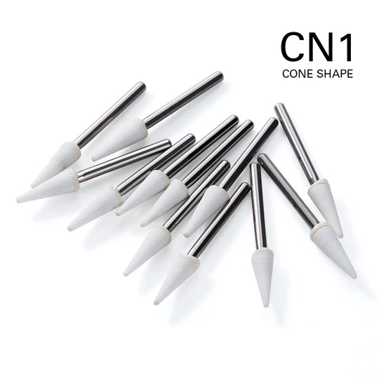 Dental Polishing FG Burs Cone Shape White Stone 12pcs/Kit: Set of 12 cone-shaped dental polishing burs with white stone tips and metal shafts, labeled CN1 for cone shape, suitable for dental procedures and polishing