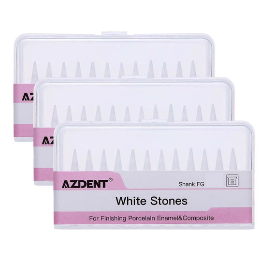 Dental Polishing FG Burs Cone Shape White Stone 12pcs/Kit in three clear plastic cases labeled AZDENT White Stones for finishing porcelain enamel and composite, with visible cone-shaped burs inside each case