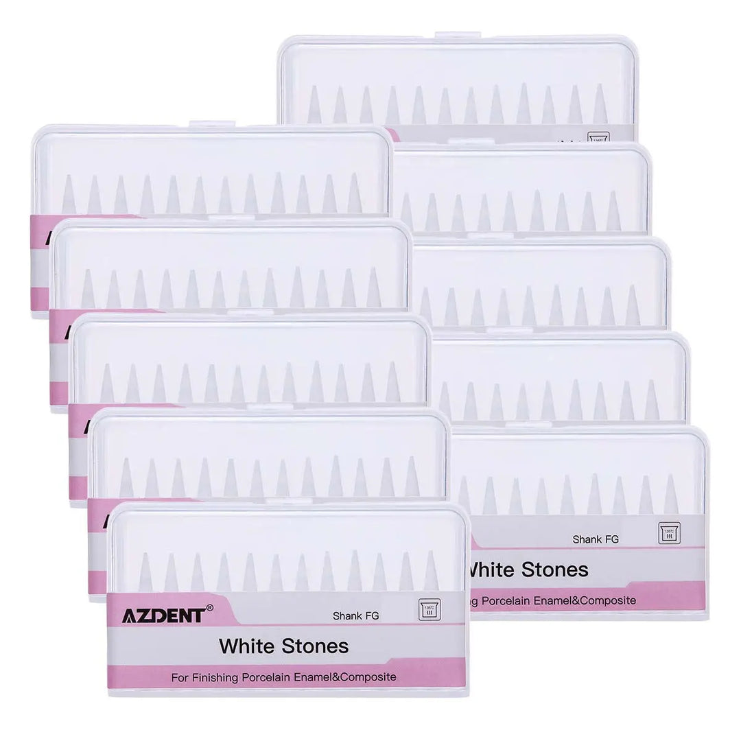 Dental Polishing FG Burs Cone Shape White Stone 12pcs/Kit displayed in multiple transparent plastic cases with pink labels, showing rows of white cone-shaped burs for dental polishing and finishing procedures