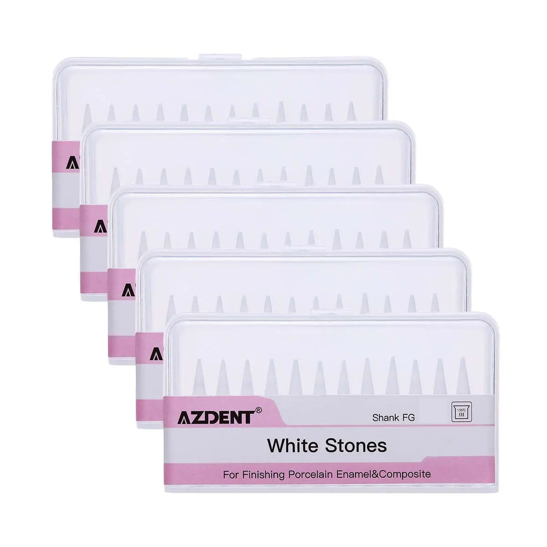 Dental Polishing FG Burs Cone Shape White Stone 12pcs/Kit: Five transparent plastic cases containing white cone-shaped dental burs, labeled AZDENT White Stones for finishing porcelain enamels and composite materials