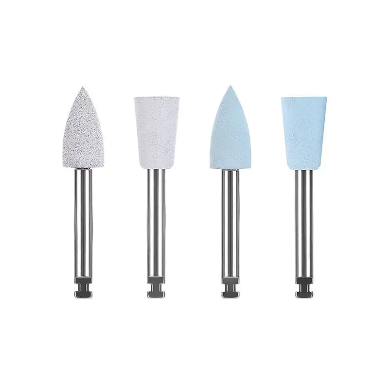 Dental Polishing Simple Kit RA 0304 for Composite Resin 4pcs/Kit featuring two white and two blue silicone polishers with different shapes for smoothing and high-gloss polishing, mounted on metal shafts for low-speed dental handpieces