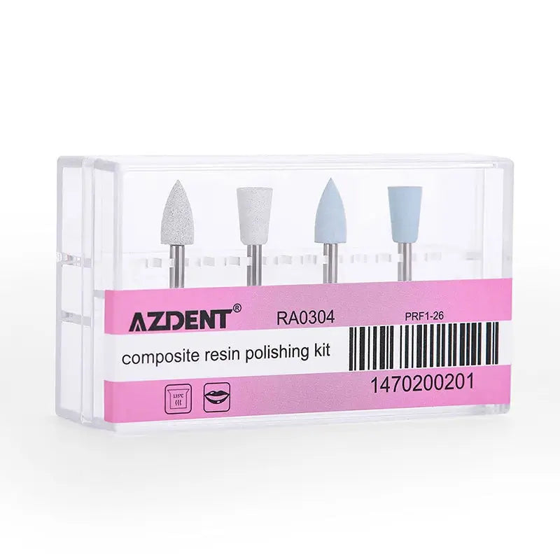 Dental Polishing Simple Kit RA 0304 for Composite Resin 4pcs/Kit: Clear plastic case containing four silicone polishers, two white and two blue, for dental composite resin polishing. Pink label showing brand AZDENT and product details.