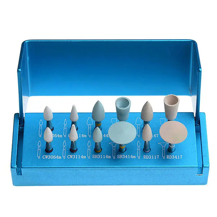 Dental Composite Polishing Kit for Low Speed Contra Angle RA 1112 12pcs/Kit: Blue metal case containing various polishing tools including conical and disc-shaped attachments for dental procedures, organized in a row with labeled sizes