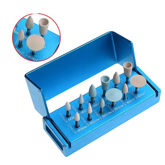 Dental Composite Polishing Kit for Low Speed Contra Angle RA 1112 12pcs/Kit: Blue metal case containing various dental polishing tools including white ceramic grinders, blue silicone polishers, and light pink diamond polishers for composite material preparation and high gloss finishing.