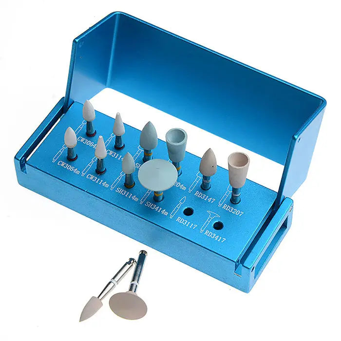 Dental Composite Polishing Kit for Low Speed Contra Angle RA 1112 12pcs/Kit: Blue metal case containing various polishing tools and attachments for dental procedures, including white, gray, and blue polishing heads of different shapes and sizes.