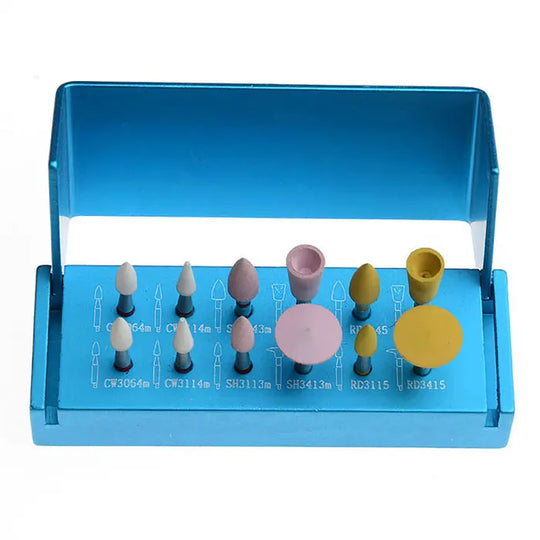 Dental Porcelain Polishing Kit for Low Speed Contra Angle RA 2112 12pcs/Kit: Blue tray containing various polishing tools in white, pink, and yellow, arranged neatly with labeled slots for each piece, designed for dental procedures and porcelain polishing