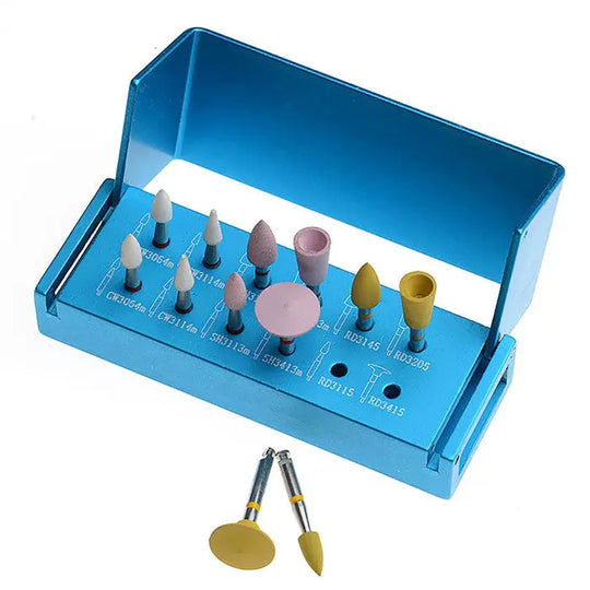 Dental Porcelain Polishing Kit for Low Speed Contra Angle RA 2112 12pcs/Kit: Blue case containing various polishing tools including white, pink, and yellow polishers for dental procedures, with two additional polishers displayed outside the case