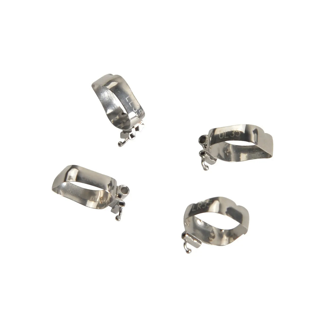 Four stainless steel Dental Orthodontic Buccal Tube Bands for 1st molars, part of the Roth .022 U3/L2 4pcs/Kit. Bands feature a ring design with welded tubes for secure orthodontic attachment and improved bonding strength.