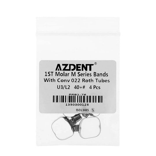 Dental Orthodontic Buccal Tube Band 1st 40+# Roth .022 U3/L2 4pcs/Kit: AZDENT 1st Molar M Series Bands with Conv 022 Roth Tubes U3/L2 40+# 4 Pcs in clear plastic packaging, showing product label and two silver-colored orthodontic bands.